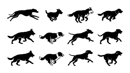 Fototapeta premium Dog Silhouette Animation Set, 12 Running Poses Vector Collection, Canine Movement Graphics