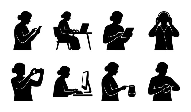 Silhouette Woman Using Technology Set: Smartphone, Laptop, Tablet, Headphones, Camera, Computer, Smart Speaker, Smartwatch
