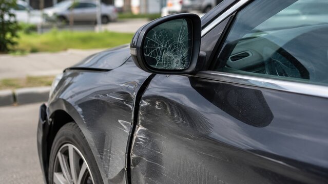 Close up of a damaged black car with a dented door and shattered side mirror glass. The scene conveys the aftermath of a traffic accident. Ideal for insurance or repair service content.