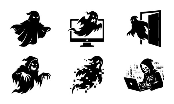 Spooky Ghost Icons Set: Haunting Apparitions, Digital Phantoms, Hacker Specter, Halloween Vector Graphics