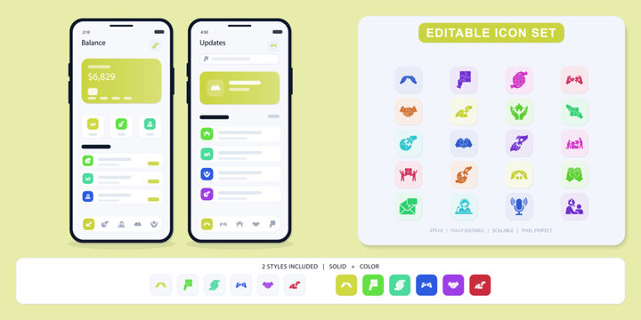 Editable icon set and mobile app UI screens showing financial balance and updates with vibrant accents and user-friendly interfaces.