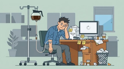 Fototapeta premium A flat design illustration depicting the concept of caffeine addiction and corporate burnout, featuring an exhausted office employee seated at a messy desk while humorously receiving coffee.