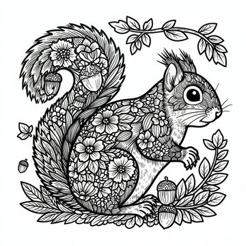 Detailed black and white illustration of a squirrel with floral patterns. The cute animal has a bushy tail, surrounded by leaves and acorns. Ideal for coloring pages and decorative designs.