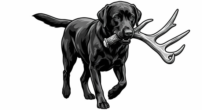 black labrador  holding a deer antler in its mouth