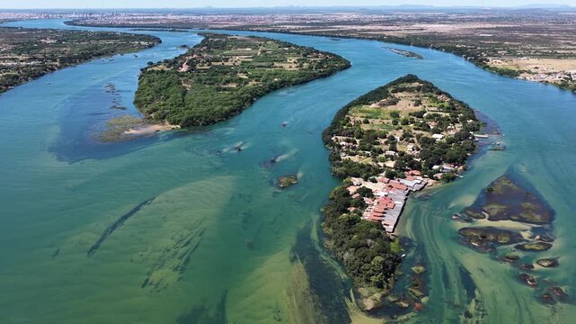 Sao Francisco River In Juazeiro Bahia Brazil. Tropical River With A Scenic Forest Trees Viewed From Above. Agriculture Field. Nature Backgrounds. Juazeiro Bahia.
