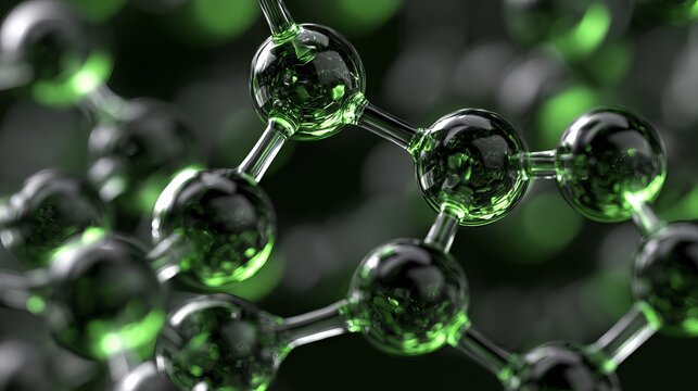 Abstract green molecule structure, a detailed 3d rendering showcasing scientific research, chemistry, and technological innovation in a modern style