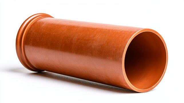 Close-up of a large orange clay drainage pipe isolated on a white background, showcasing construction and plumbing materials