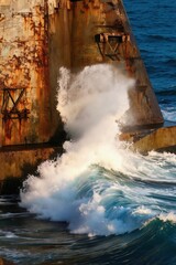 Fototapeta premium Ocean waves crash against weathered, rusty sea wall. Sunlight illuminates powerful water movement and spray against old concrete structure. Bright blue sea contrasts with worn surface.