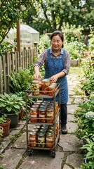 Fototapeta premium Asian woman in blue apron pushing cart of jars through garden path with greenery and plants