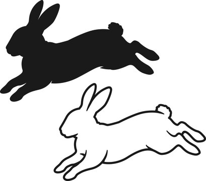 hopping rabbit silhouette and outline vector illustration set