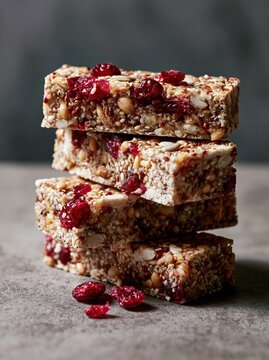 Stack of healthy homemade granola bars with dried cranberries and assorted seeds