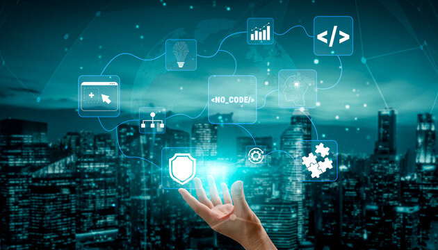 Futuristic Technology Concept Showcasing Digital Transformation with Hand Reaching for Innovative Tools and Data Visualization in Urban Landscape Quark.