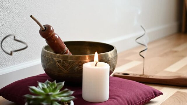 Tranquil zen meditation setup with singing bowl, candle, incense, and succulent plant for relaxation