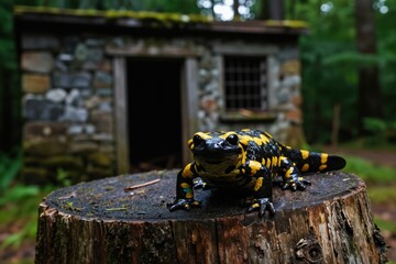 Fototapeta premium Fire salamander sits on tree stump in woodland habitat. Bright orange spots contrast against black skin. Reptile looks directly at camera amid rich green foliage near stone structure. Wildlife