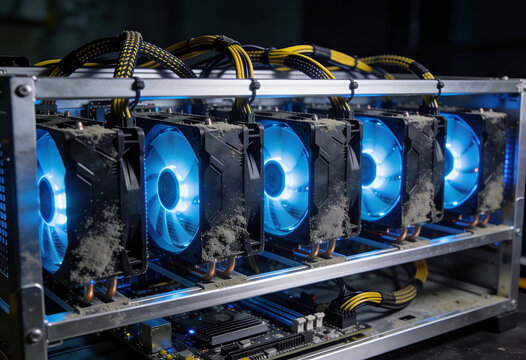 Close-up of dusty cryptocurrency mining rig with glowing blue fans