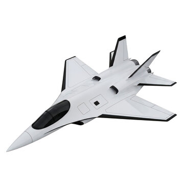 Sleek white fighter jet in mid flight with sharp aerodynamic design