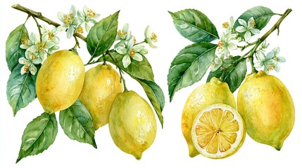 Naklejka premium Fresh lemon fruit and floral watercolor illustration. Lemons, leaves, and blossoms painted in a soft watercolor style on white background