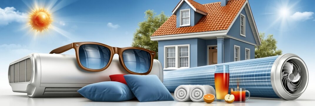 Air conditioner cooling snowy home in hot market concept. Air conditioner unit keeping a house cool while thermometer shows high temperature in a winter landscape