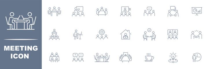 Meeting set of web icons. Live web liner icons for web and mobile app. Containing conference, business meeting, Interview, communication, discussion, talk, training, team, planning,conference and more © Hike Studio 5