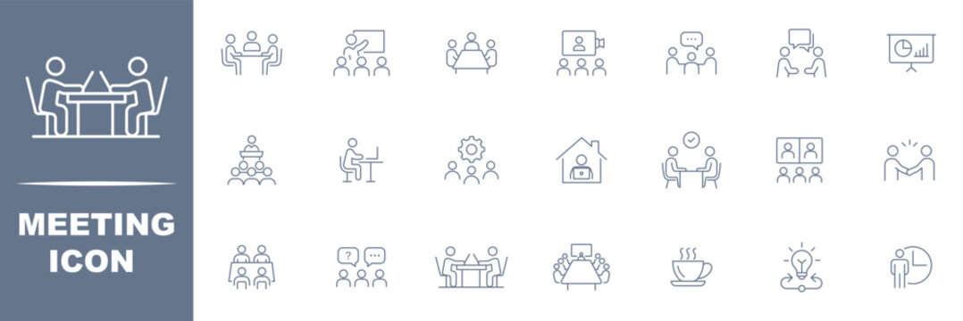 Meeting set of web icons. Live web liner icons for web and mobile app. Containing conference, business meeting, Interview, communication, discussion, talk, training, team, planning,conference and more