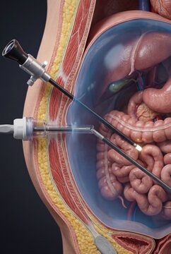 Ultra-realistic 3D medical render of laparoscopic surgery. Cross-section view of a trocar port inserted through the abdominal wall layers with an instrument entering the body cavity. Science.