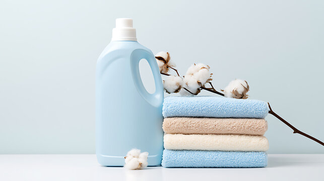 Laundry Essentials: Blue Detergent Bottle, Stacked Towels, and Natural Cotton Plant on a Clean Background