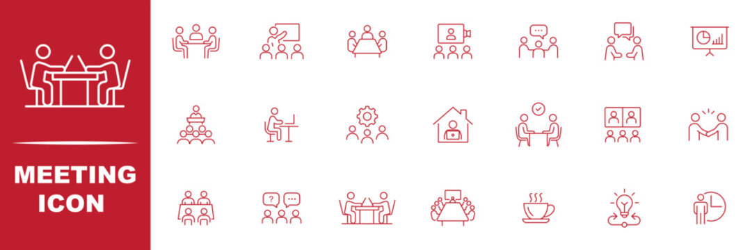 Meeting set of web icons. Live web liner icons for web and mobile app. Containing conference, business meeting, Interview, communication, discussion, talk, training, team, planning,conference and more