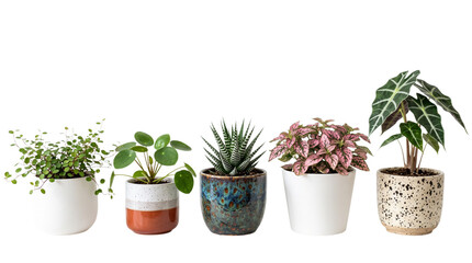 Fototapeta premium Collection of various indoor houseplants in decorative pots isolated on transparent background