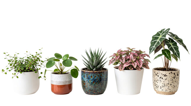 Collection of various indoor houseplants in decorative pots isolated on transparent background