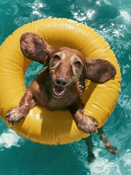 Happy dachshund dog floats on a yellow ring in a swimming pool on a sunny day