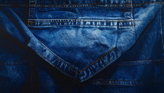 Close-up of deep blue denim fabric. A detailed view of a pocket and stitching. The textured surface is highlighted by light