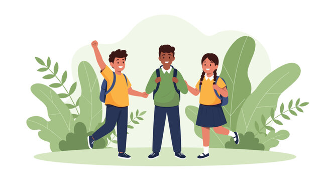 Happy school children wearing uniforms and carrying backpacks jumping for joy and standing together on green background.