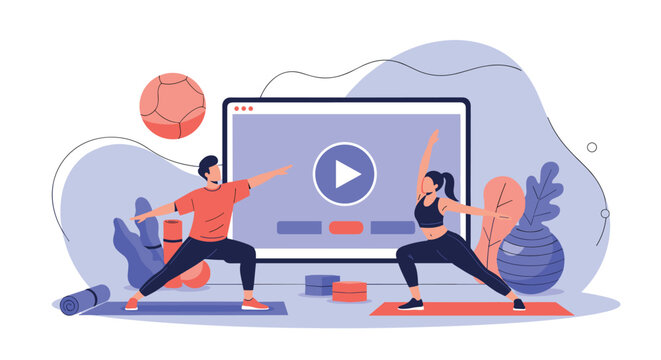 Man and woman practicing yoga online at home following exercises from a video on a large computer screen vector.
