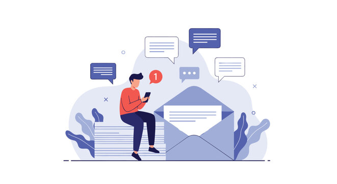 Man sitting on a massive stack of letters while receiving email notifications on his smartphone in flat vector style.