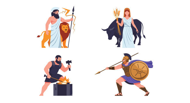 Mythological Greek gods and goddesses including Zeus, Demeter, Hephaestus, and Ares shown with their classic attributes.