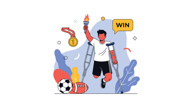 Disabled athlete on crutches triumphantly holding a sports torch and winning first place with a gold medal.