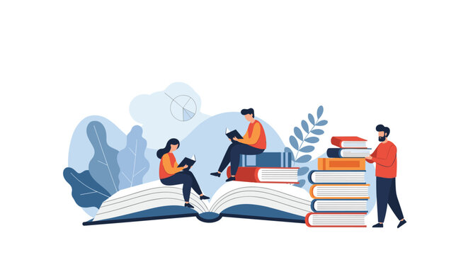Group of avid readers sitting on giant open books and reading in a peaceful library world of knowledge.
