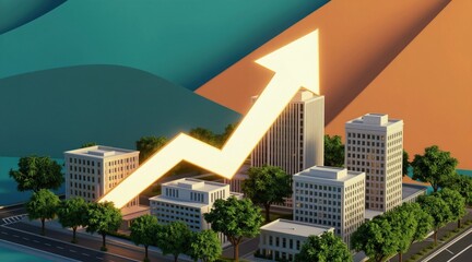 Naklejka premium Abstract city buildings with trees and a glowing upward arrow. Represents urban growth and economic development in a modern, sustainable future.