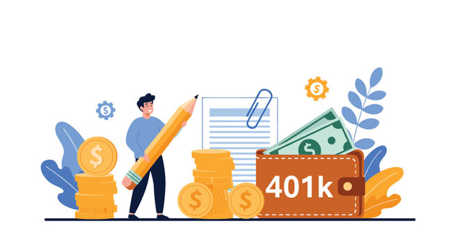 Man holding a giant pencil while preparing his personal retirement plan with a 401k wallet, coins, and paper document.