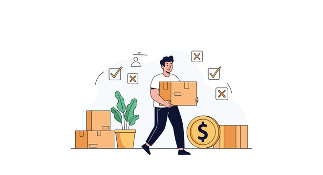 Hardworking warehouse employee carrying a cardboard box surrounded by checkmarks, crossmarks, and gold coins.