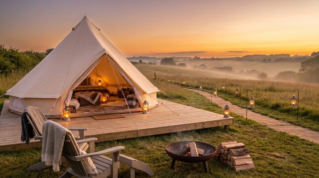Luxury bell tent glamping setup in a scenic meadow at golden hour sunset.