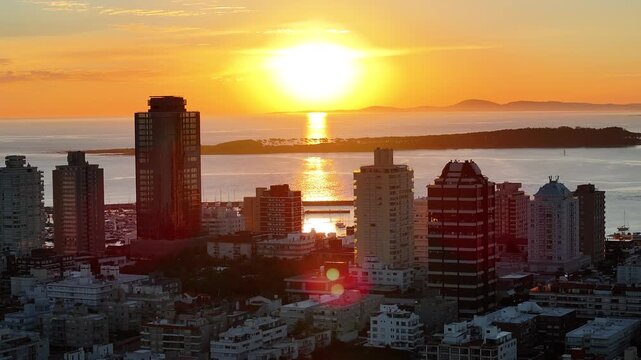 Punta Del Este Skyline In Punta Del Este Maldonado Uruguay. Stunning Tropical Coastline Beach Scene Viewed From Above. Sunset Downtown Cityscape. Golden Hour Skyline. Punta Del Este Maldonado.