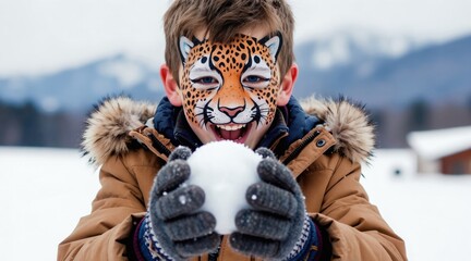 Fototapeta premium Young boy with snow leopard face paint smiles widely holding snowball. Enjoys winter afternoon outdoors in snowy mountain landscape. Child wears warm jacket gloves ready for playful action. Pure joy