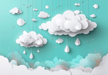 Obraz premium White clouds hang from above with raindrops falling down in a crafted scene with a vibrant blue background and soft elements