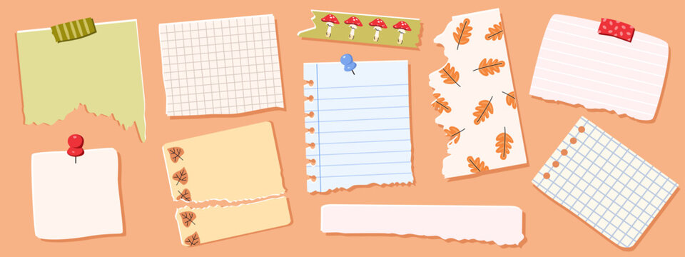 Autumn collection of paper notes. Vector visual board for school projects, planners, education designs, study organization. Notebook pages with mushrooms and leaves