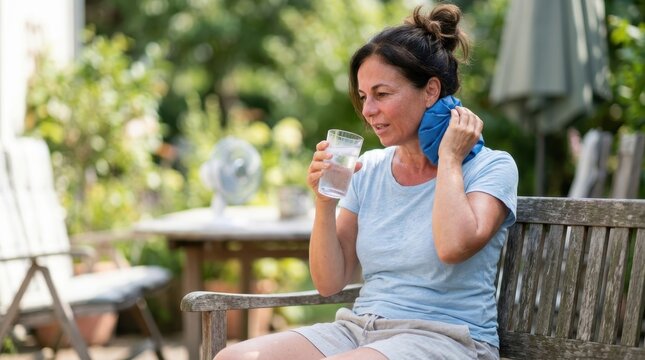 A middle-aged woman cooling down during a summer heatwave, holding a cold compress to her neck while sitting in a shaded, comfortable indoor setting. 