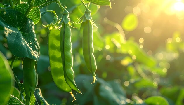 Close-up of pea pods growing in a garden, illuminated by sunlight
