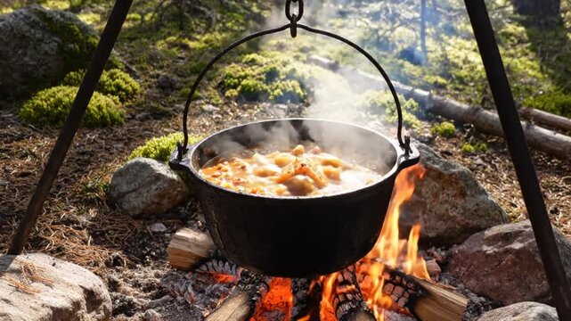 Campfire cooking a stew in a black cast iron cauldron over burning flames on a camping trip
