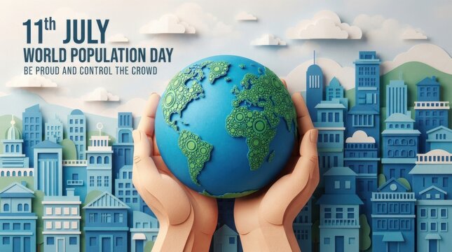 World population day concept with paper craft hands holding a globe against a blue city skyline background