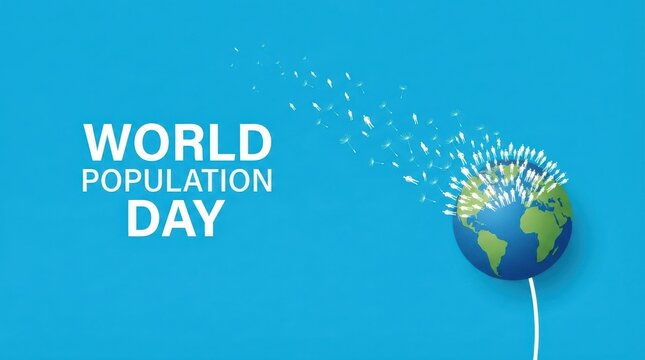 World population day concept with earth globe and human silhouettes flying away like dandelion seeds